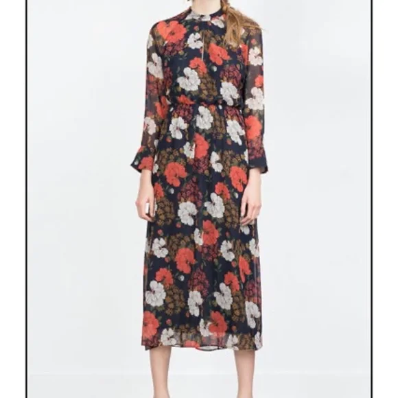 Zara Autumn Peony Floral Chiffon Midi Dress (Keyhole Neckline) - Picture 3 of 4